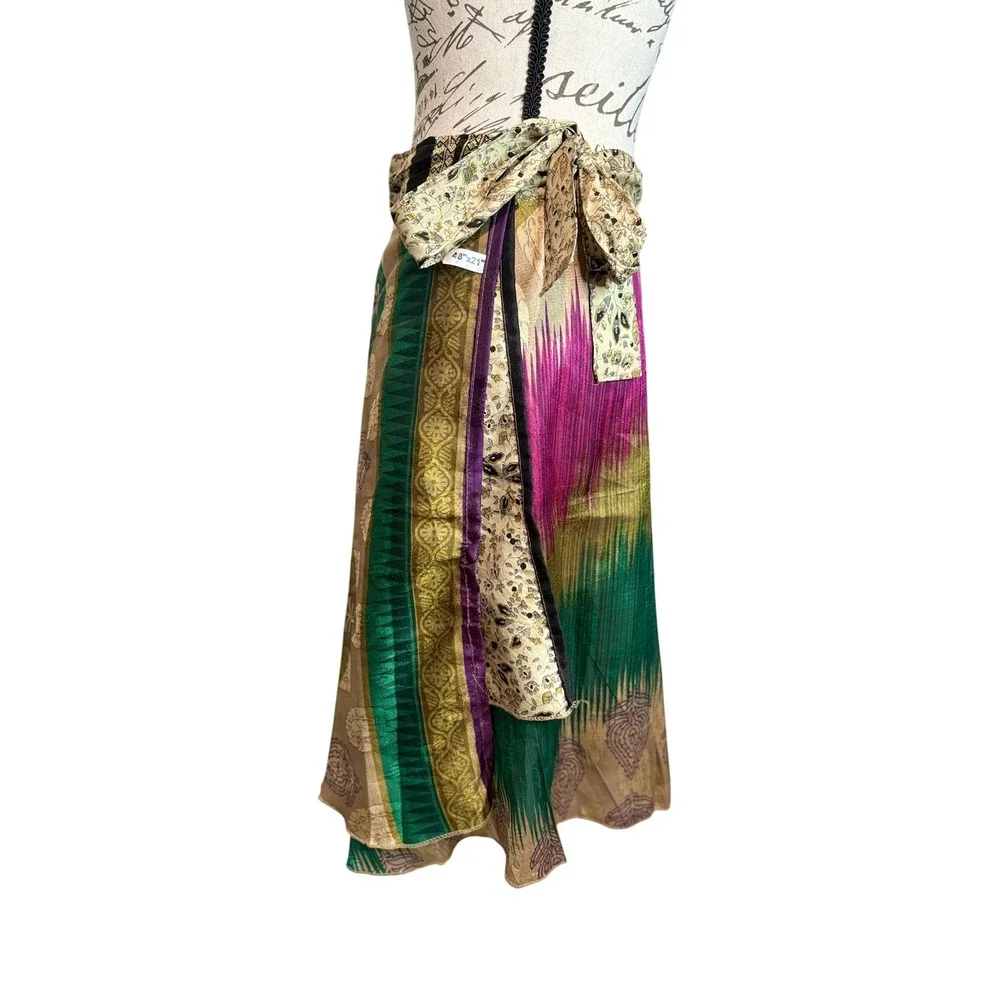 Reversible Silk Wrap Skirt Boho Floral Paisley Multicolor OS 21